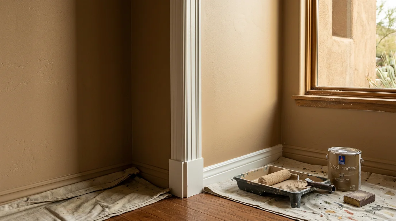 Close-up of a freshly painted interior wall in a Scottsdale home showing a smooth satin finish with clean trim lines. The finish reflects the warm natural light common in Arizona desert homes.
