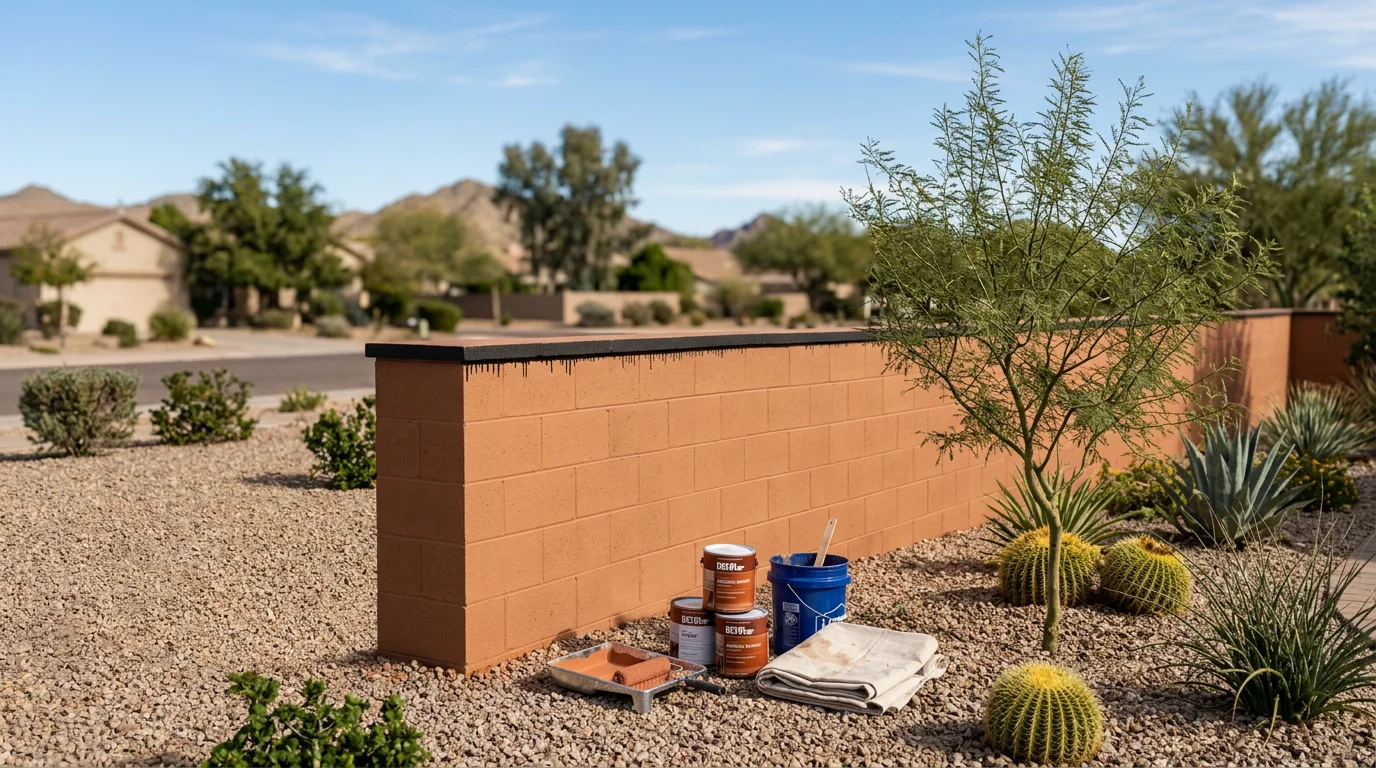 A freshly painted stucco perimeter wall bordering a residential property in Scottsdale, Arizona, showing a clean, uniform earth-tone finish under bright desert sunlight. The wall runs along a landscaped front yard with no visible cracking, fading, or chalking on the painted surface.
