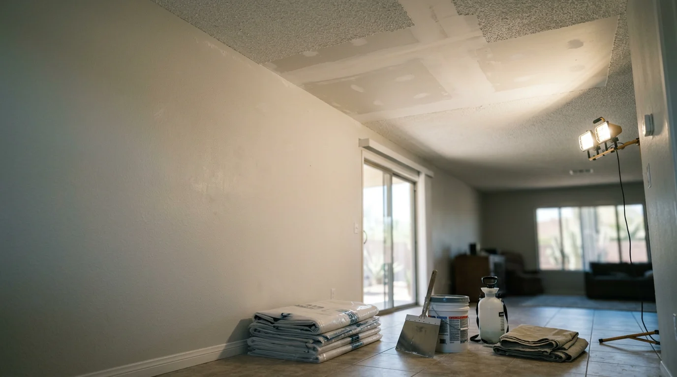 A smooth, freshly finished ceiling in a Scottsdale home after popcorn texture removal, showing clean drywall ready for paint. Natural light from a desert-facing window highlights the flat, even surface.