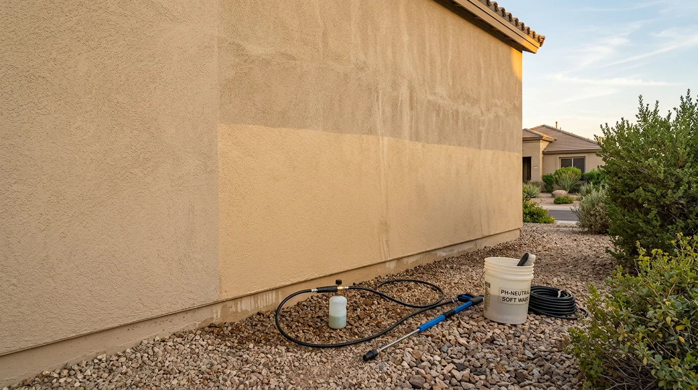 A stucco exterior wall on a Scottsdale home after professional soft wash cleaning, showing clean, even color with hard water stains and desert dust removed. A low-pressure spray wand is visible against the textured stucco surface.