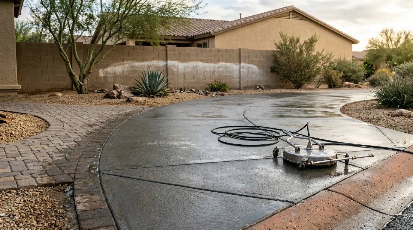 A Scottsdale home exterior being pressure washed, with desert dust and hard water stains lifting off a stucco wall and concrete driveway. The cleaned surface shows a clear contrast against the surrounding unwashed area.