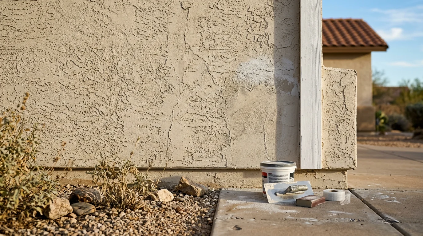 Repaired and freshly painted stucco exterior on a Scottsdale, Arizona home, showing smooth patched surfaces and clean trim after desert weather damage was corrected. Close-up view highlights the finished wall texture ready for a protective topcoat in the Arizona sun.