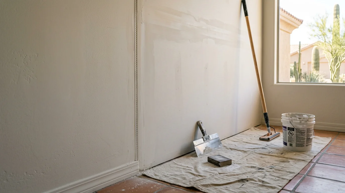 A smooth, freshly patched and sanded drywall surface in a Scottsdale home interior, showing a seamless repair ready for paint. The repaired area blends evenly with the surrounding wall texture in a well-lit residential room.