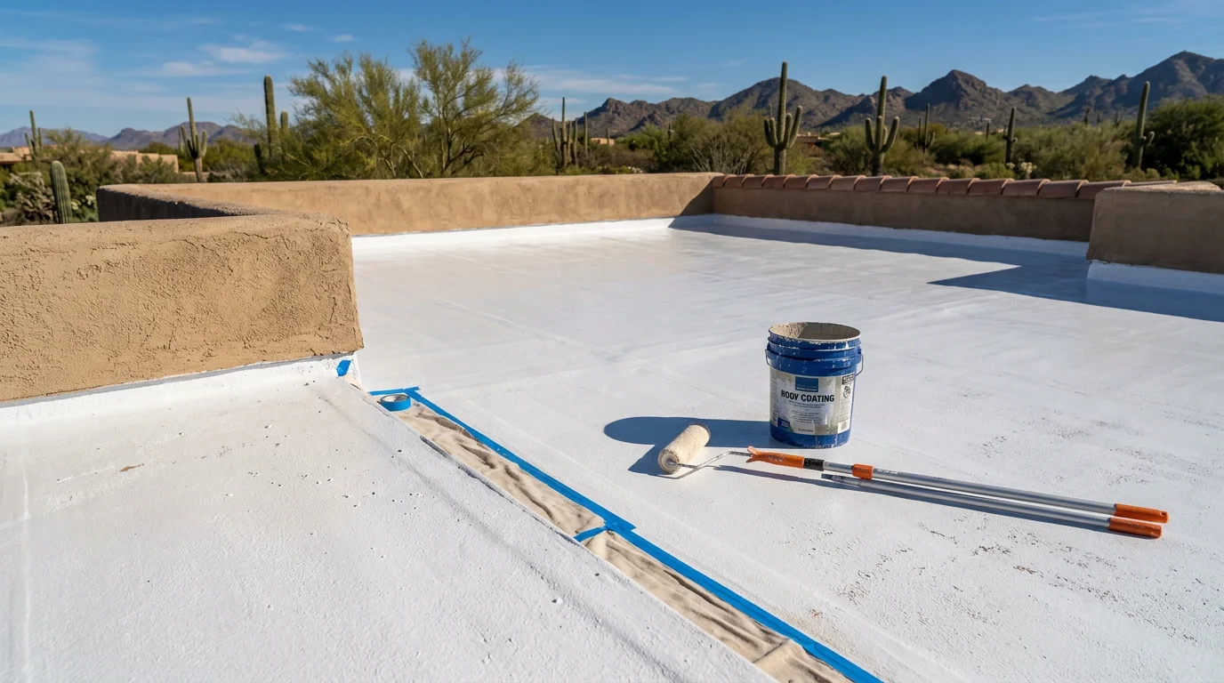 A freshly coated flat roof on a residential property in Scottsdale, Arizona, showing a smooth, light-colored reflective surface under bright desert sunlight. A painter from Bratcher Custom Painting applies the final coating layer along the roof edge.