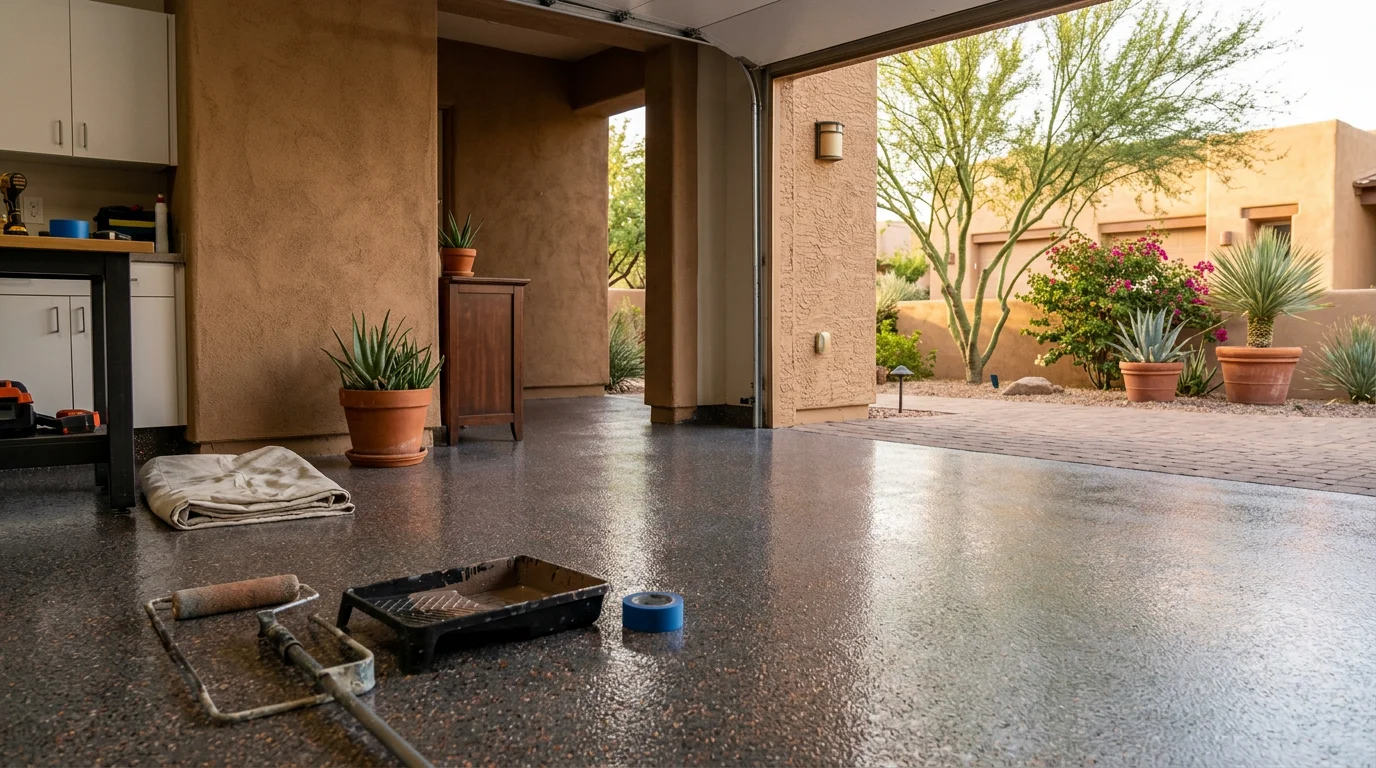 A freshly applied decorative specialty coating on the interior wall of a Scottsdale home, showing a smooth metallic finish with visible depth and texture. The room reflects the warm tones common in Arizona desert-style interiors.