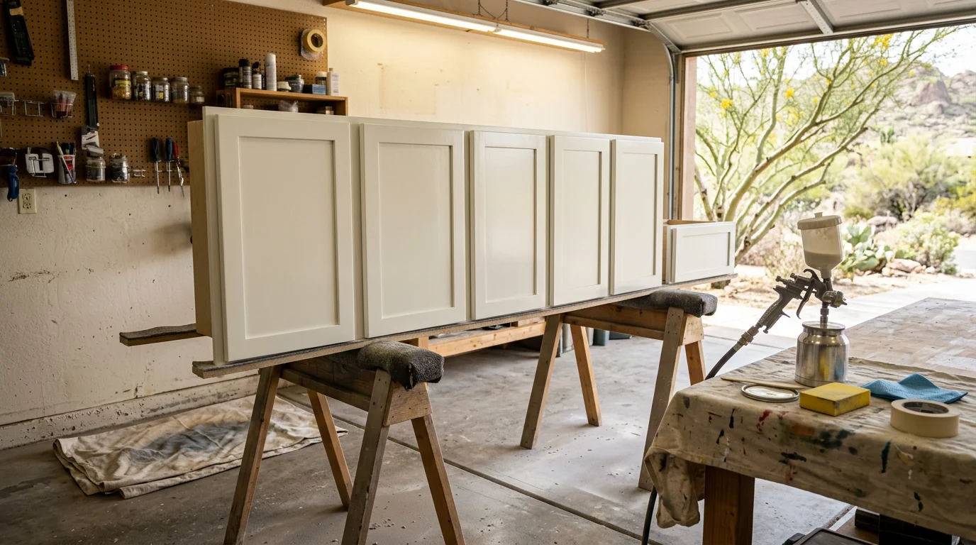 Freshly spray-finished kitchen cabinets in a Scottsdale home showing a smooth, even white finish with no brush marks on flat slab doors and drawer fronts. Close-up view highlights the clean, factory-style surface quality achieved through professional spray application.