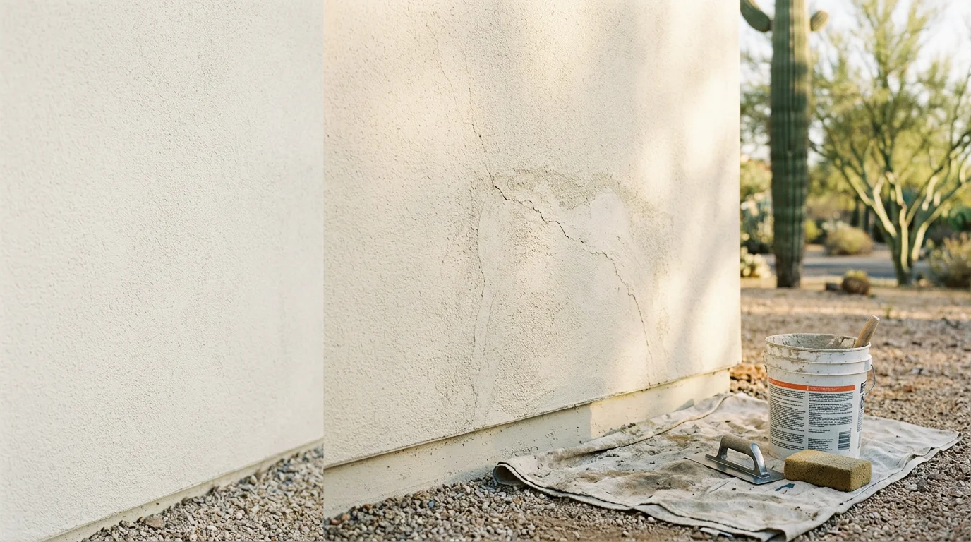 Close-up of a repaired stucco crack on the exterior wall of a Scottsdale home, showing a smooth texture-matched finish that blends with the surrounding aged stucco surface.