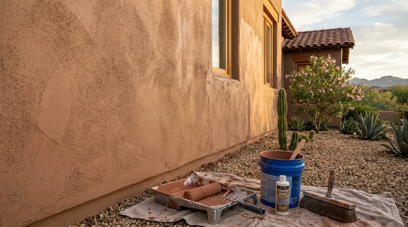 Freshly painted stucco exterior on a single-story Scottsdale, Arizona home with a clean, even finish and desert landscaping in the foreground. Close-up view shows smooth surface texture and uniform color coverage on the stucco walls.