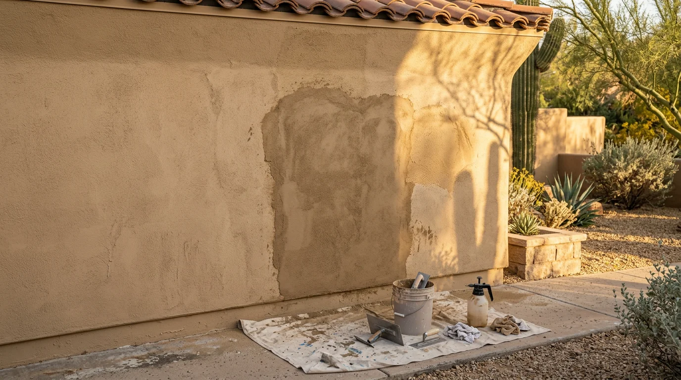 Repaired stucco exterior on a Scottsdale, Arizona home showing texture-matched patching on a sun-exposed wall. Close view of a smooth, blended finish where cracking and surface damage have been restored.