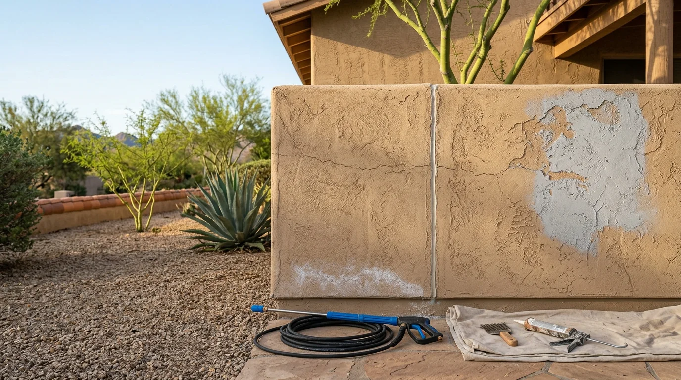 A Scottsdale home exterior with stucco walls being power washed and scraped clean in preparation for a new coating. The surface shows areas of loose material removed and bare stucco spot-primed ahead of painting.