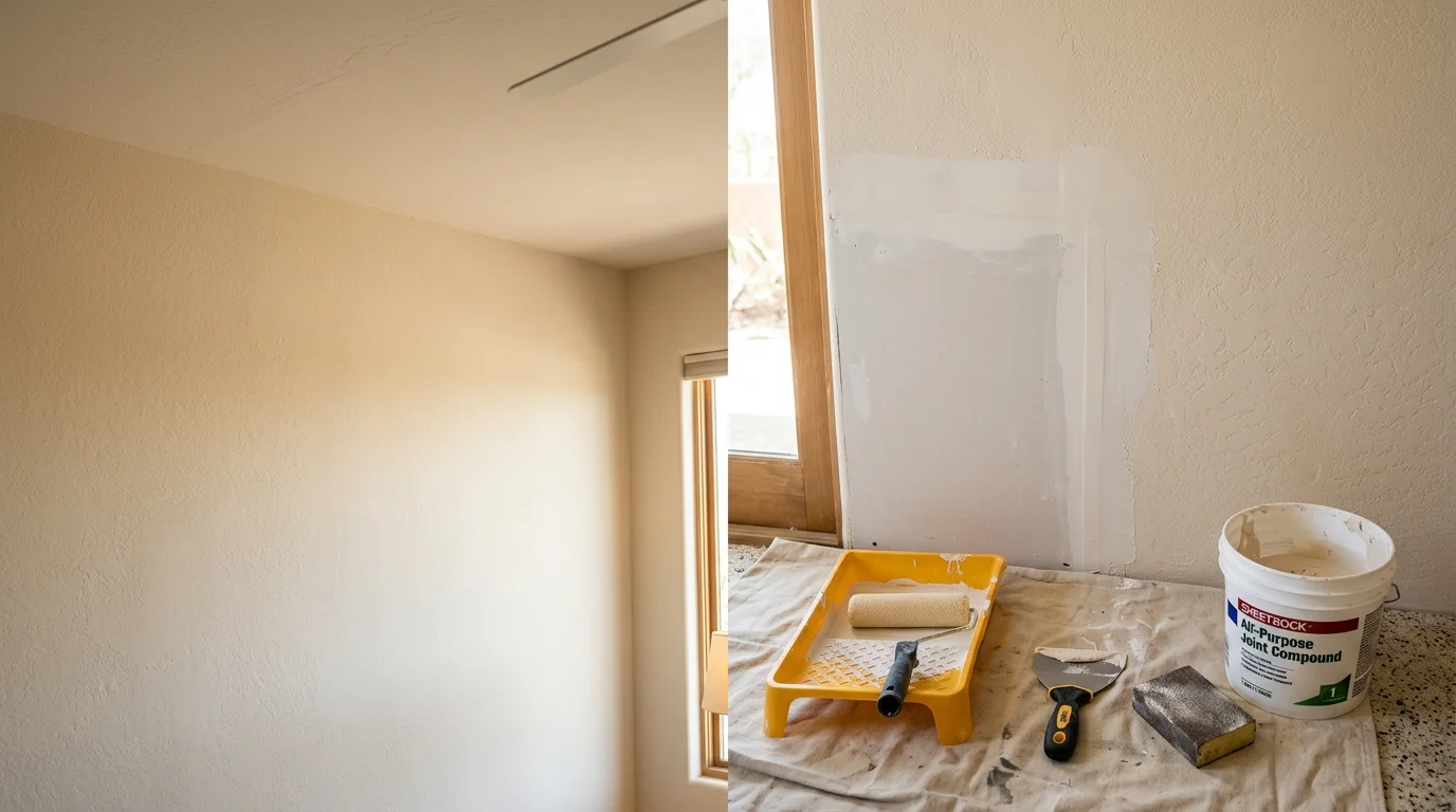 Interior ceiling in a Scottsdale home after water damage repair, showing freshly painted drywall with no visible staining or discoloration. The repaired area blends with the surrounding ceiling finish in a bright, clean living space.