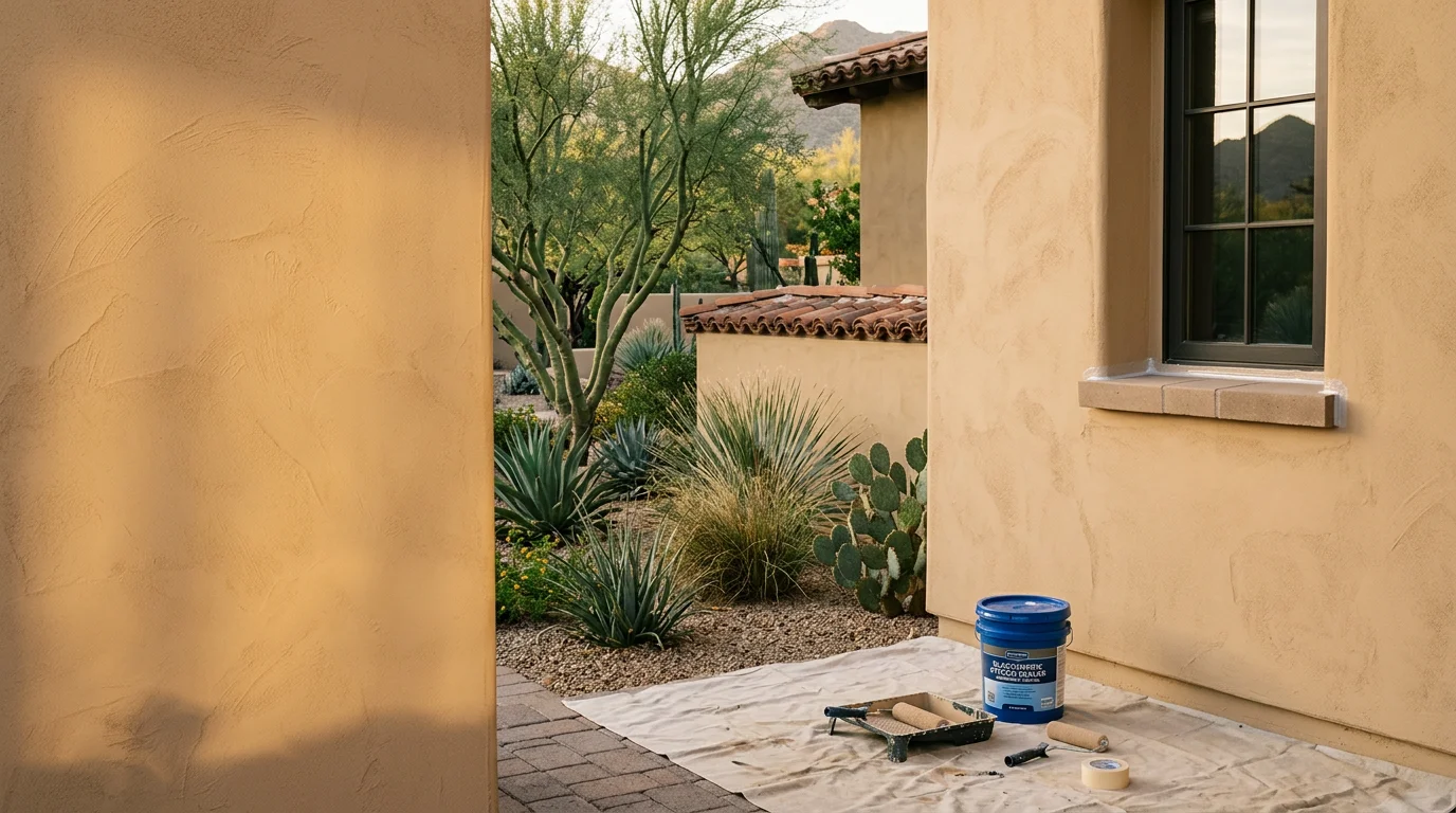 Close-up of a freshly sealed stucco exterior wall on a Scottsdale home, showing a smooth, moisture-resistant surface under bright Arizona sunlight. A painter from Bratcher Custom Painting applies a waterproofing coating to the wall's surface in preparation for the final exterior finish.