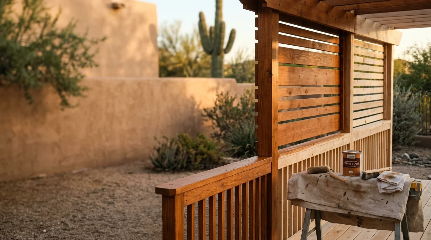 Freshly stained wood deck on a Scottsdale, Arizona home showing rich, even color and visible wood grain. The surface shows no graying or cracking, reflecting proper preparation and stain application suited to the desert climate.